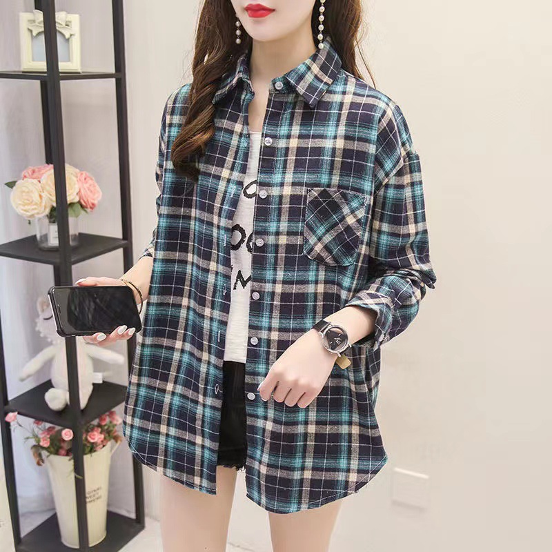 Retro Plaid Shirt Top Women's Spring and Summer Design Sense Niche Long-Sleeved Jacket Loose Polo Shirt Shirt Ins Fashion