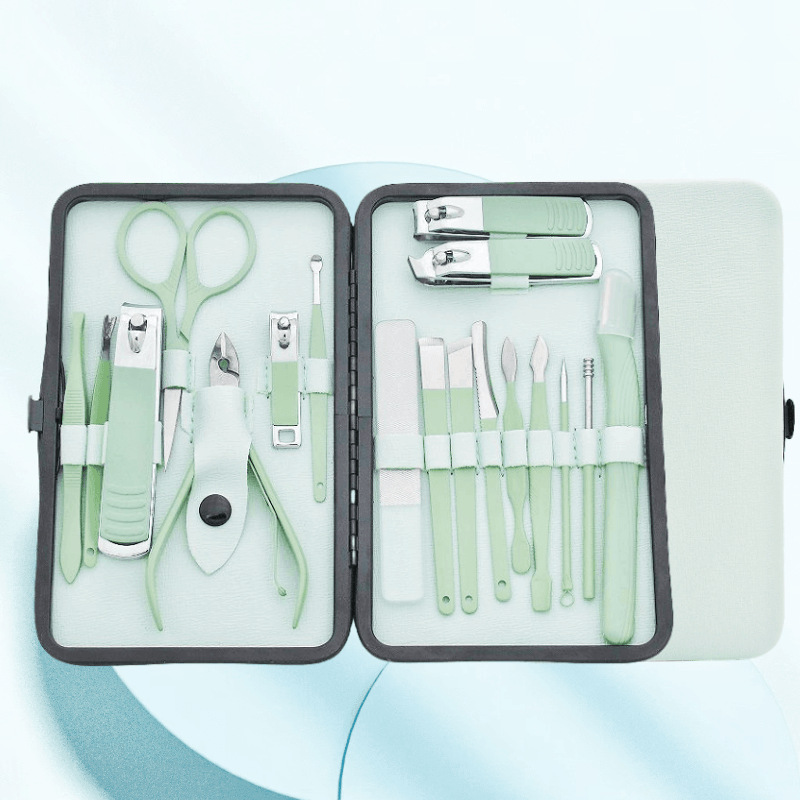 现货批发 绿色18件套美甲套装 手脚护理折叠包16件套 玻璃锉修甲