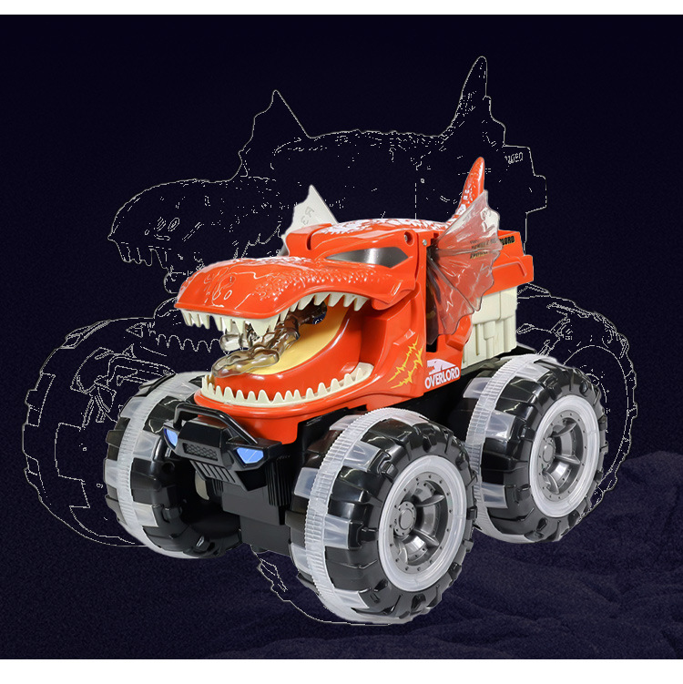 七彩轮惯性恐龙越野车翻转声光动感特技旋转回力车儿童玩具车批发