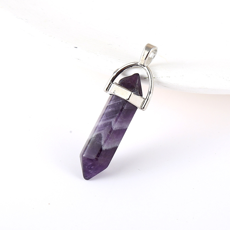 Cross-Border Hot Selling Natural Stone Amethyst Pink Crystal White Crystal Hexagon Prism Pendant Double Pointed Bullet Necklace Wholesale