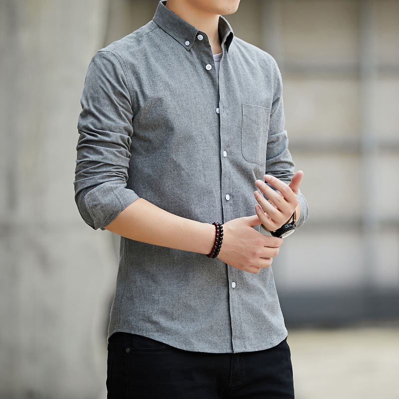   New Men's ong-Sleeved Shirt Men's Oxford Casual Shirt Men's Slim Korean Style Solid Color Shirt