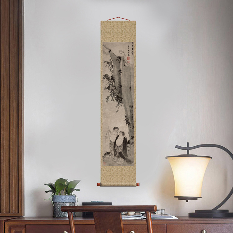 明尤求寒山拾得图仿古画名画真迹复制品古代卷轴中式书房玄关挂画