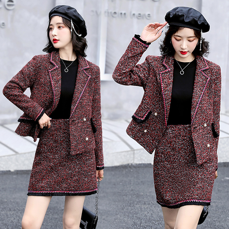 时尚女套装裙两件套韩版2021秋季新款洋气印花小西装包裙显瘦女装