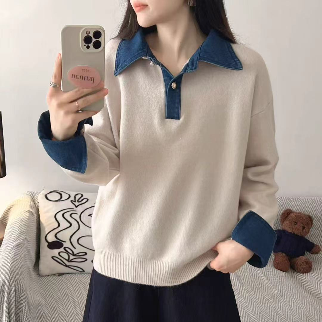 宽松POLO领牛仔袖拼接假两件毛衣女秋冬2025新款针织衫时尚 上衣