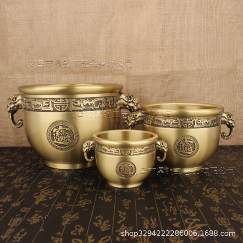 纯黄铜聚宝盆吉祥天下象鼻缸招财进宝家用室内摆件铜缸办公室玄关