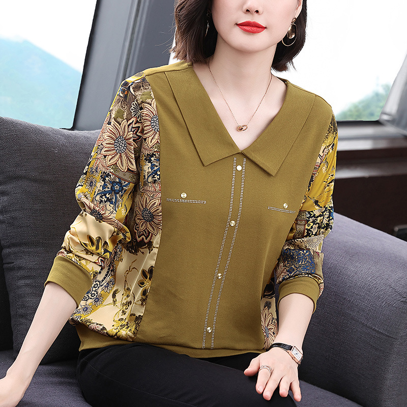 Middle-Aged Mom Style Long-Sleeved T-shirt Women's 2024 Spring New Polo Collar Stitching Loose Middle-Aged and Elderly Women's Clothing Western Style Top