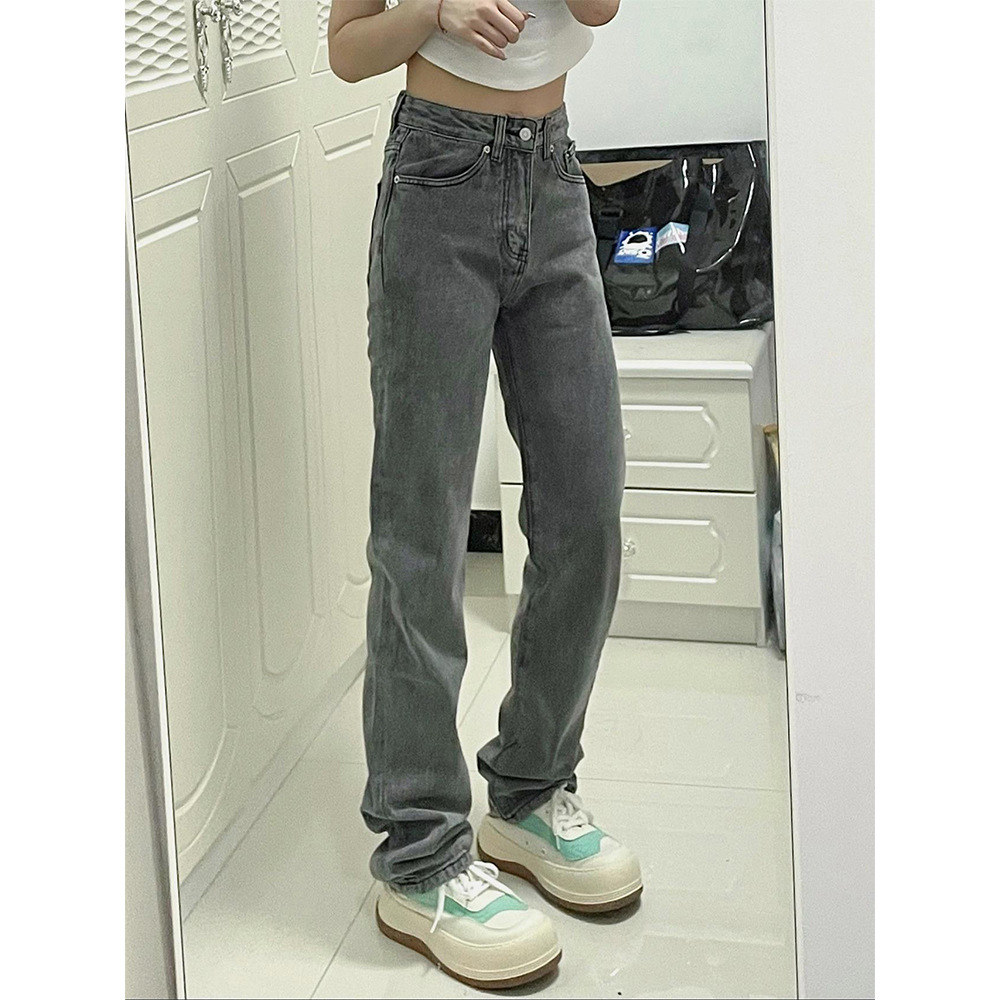   European and American Retro Smoky Gray Jeans Women's Autumn High Slimming and Straight Casual Mop Pants High Street Ins Fashion