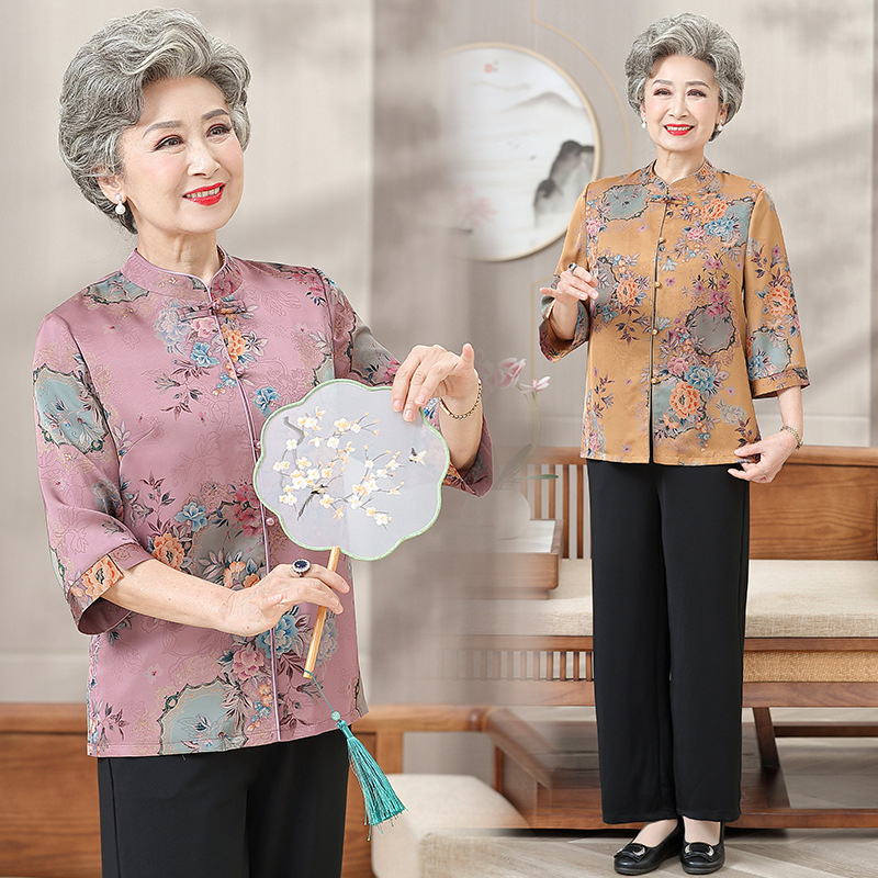 Middle-Aged and Elderly Women's Clothing Mom Top 50-Year-Old 70 Old Lady Shirt Old Lady Grandma Summer Clothing Short Sleeve Shirt