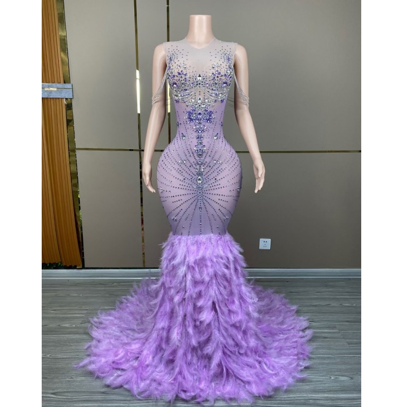 stock欧美舞台演出服女歌手性感薄纱羽毛拖尾水钻生日派对礼服裙