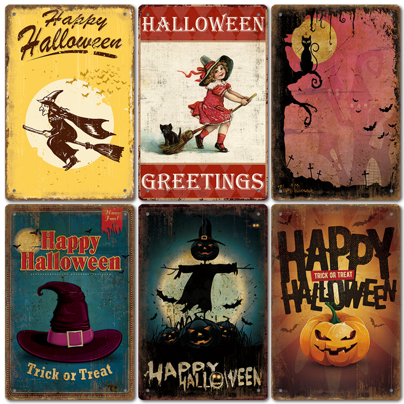 2024新款万圣节复古美式家居铁皮画酒吧咖啡厅背景墙壁无框装饰画