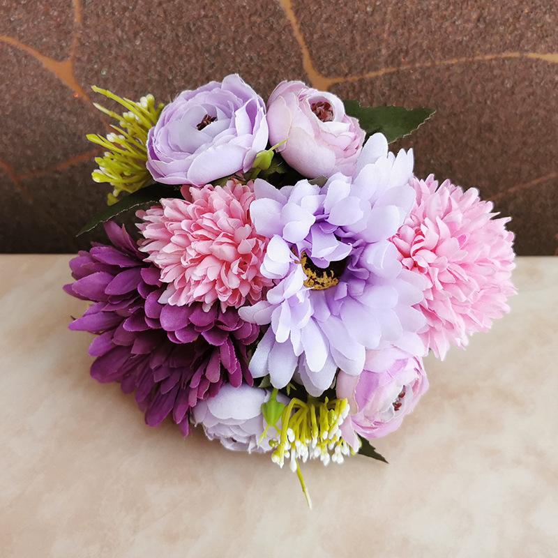 球菊手扎花束批发 客厅餐桌摆放绢花 田园写真拍摄道具花婚礼装饰