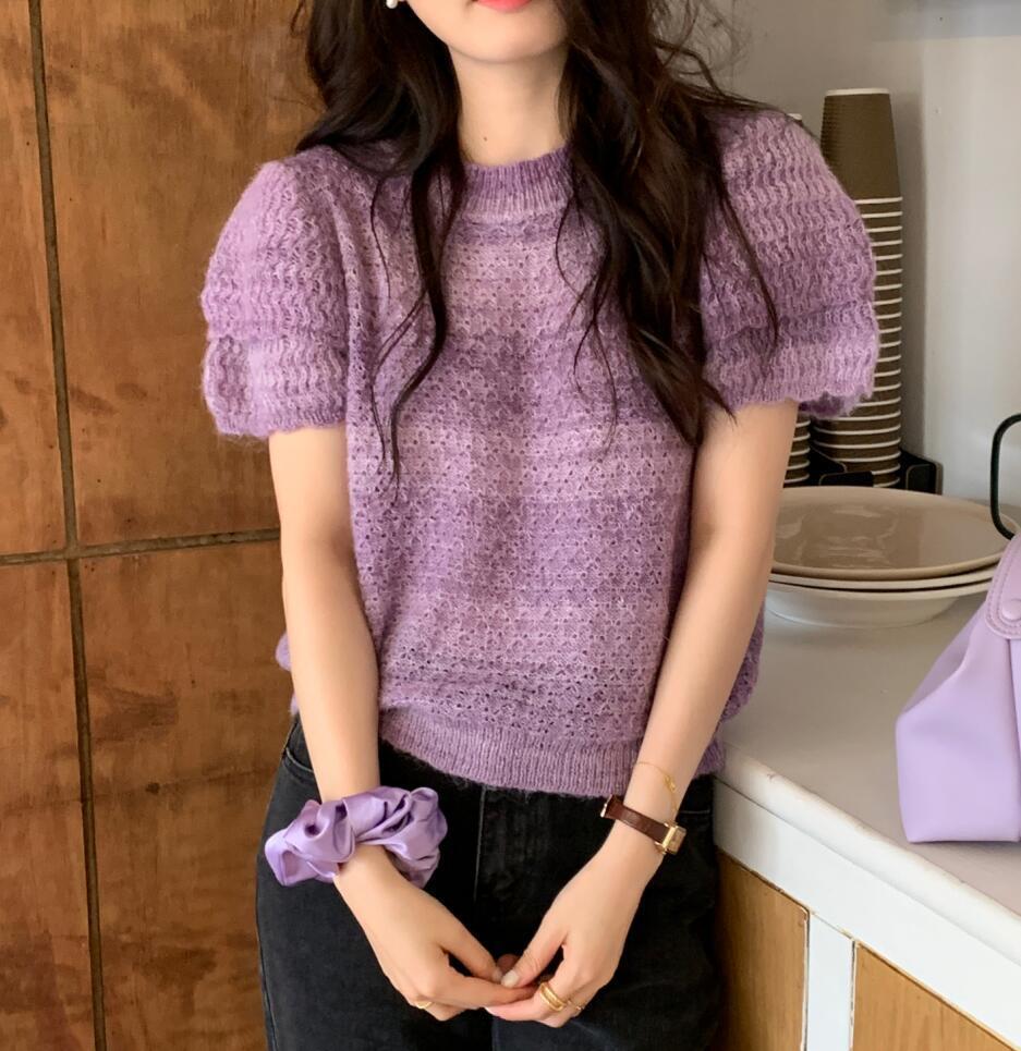 马海毛针织短袖毛衣女2023春新款设计感小众洋气韩系chic别致上衣