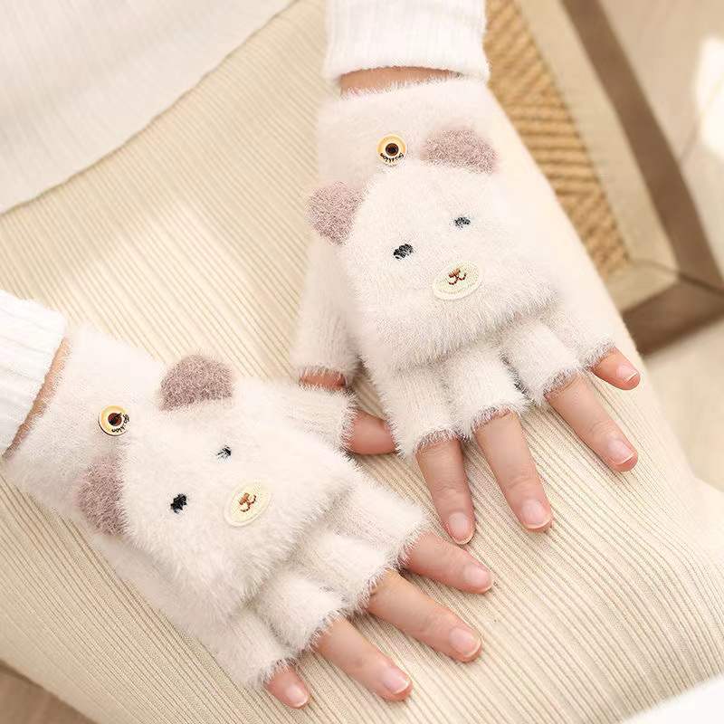 Cartoon Gloves for Women Girls HalfFinger Gloves with Cover Convertible Mittens