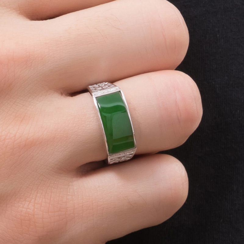 掌柜推荐s925纯银和田碧玉男士霸气马鞍面活口戒指父亲节爸爸礼物