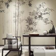 新中式水墨竹林竹子意境山水画墙纸古风书房直播间茶室背景墙壁纸