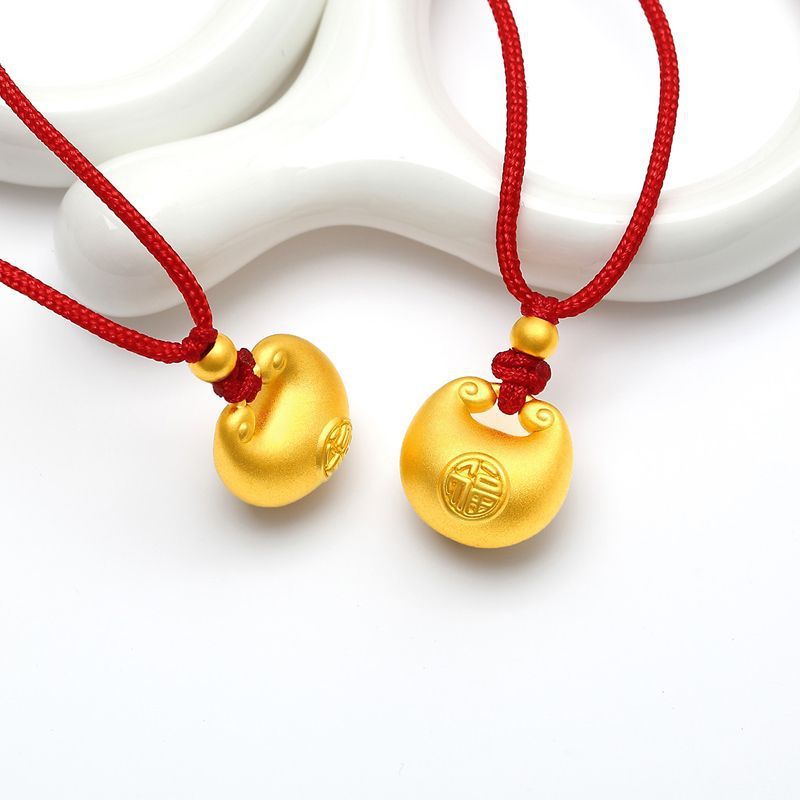 古法黄金小胖福平安锁吊坠金坨足金999宝宝金锁挂坠满月礼红绳款