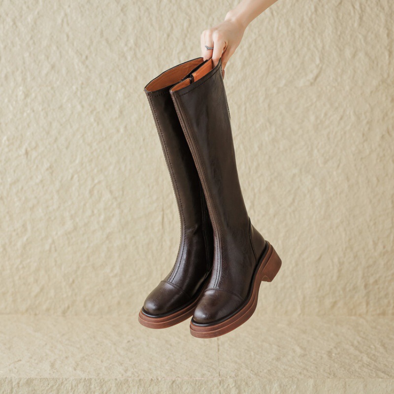 跨境外贸真皮长靴秋冬新款圆头黑色拉链高筒靴百搭女士皮靴骑士靴
