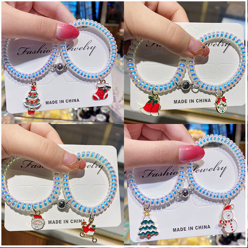 圣诞节情侣手链磁吸电话线手环一对圣诞手链学生款义乌饰品批发
