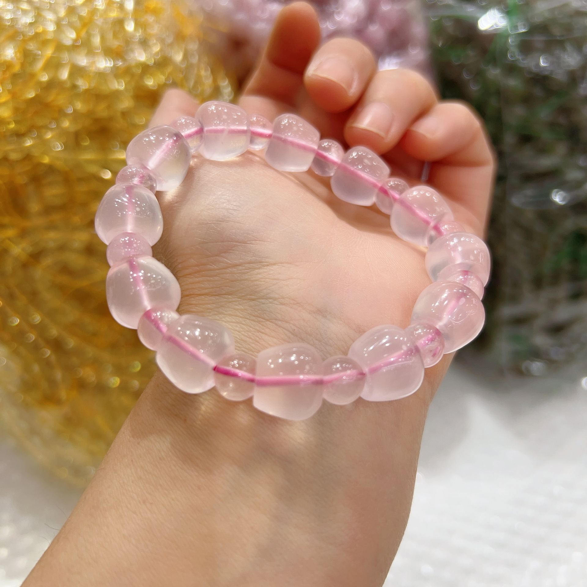 粉水晶手链女天然莫桑比克粉晶手串可爱粉色马粉苹果珠女朋友礼物