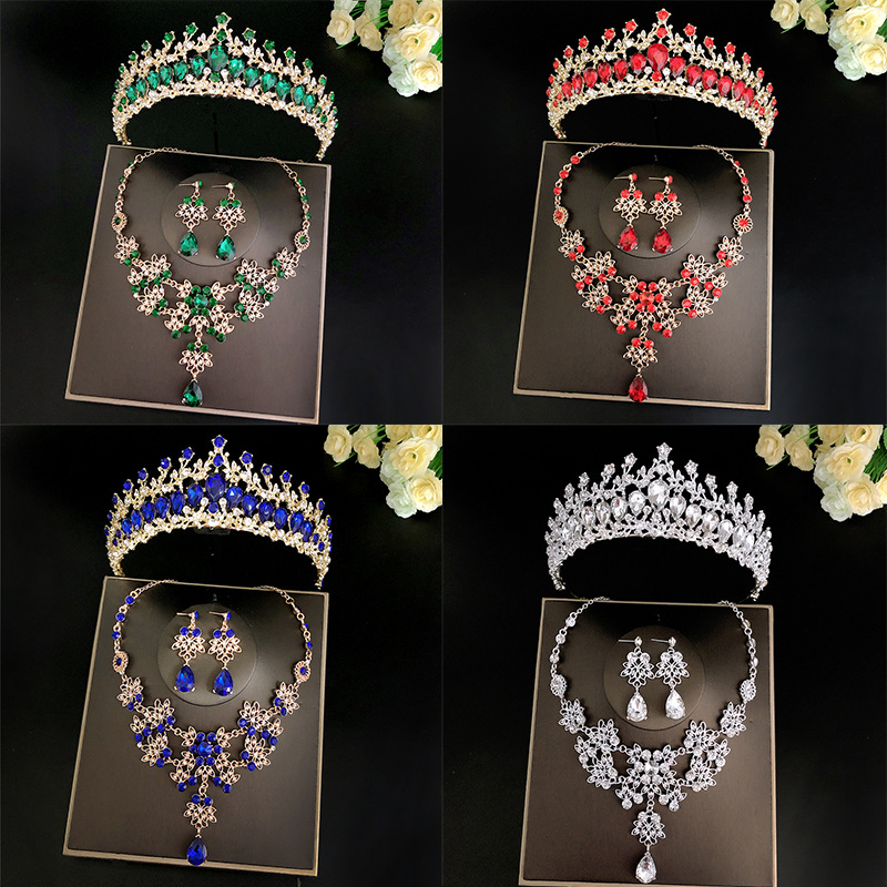 Simple Bridal Ornament Three-Piece Suit Wedding Crown Headdress Necklace Earrings Korean Style Super Fairy Wedding Dress Formal Dress Accessories