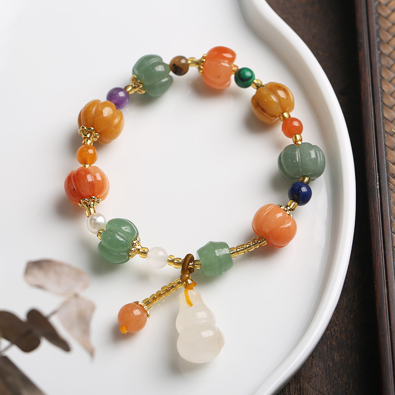 Internet Celebrity Ethnic Style Xinjiang Hetian Natural Jinsi Jade Pumpkin Beads Bracelet Cinnabar Jade Calabash Pendent Bracelet Female Bracelet