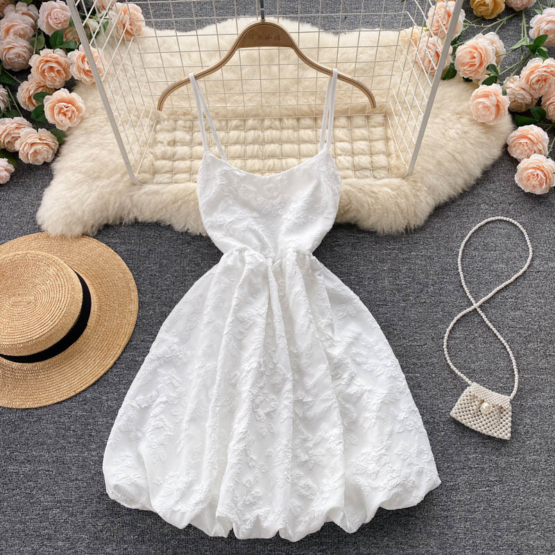 小个子抹胸吊带连衣裙女提花法式初恋甜美超仙气质收腰蓬蓬公主裙