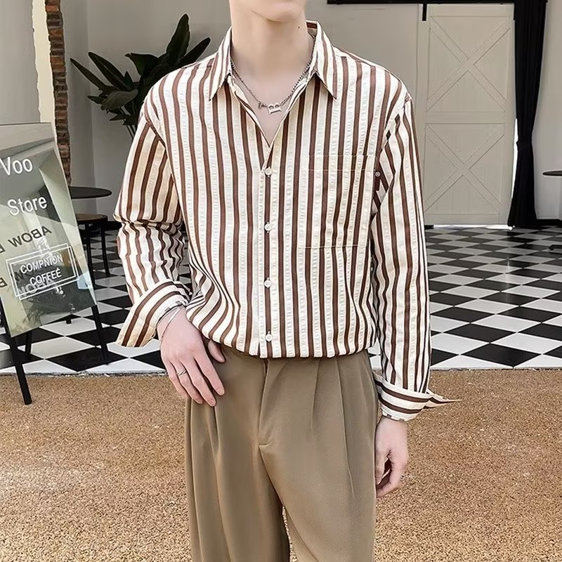 韩版条纹衬衫男士长袖感英伦雅痞男装轻熟风衬衣外套潮牌一件代发