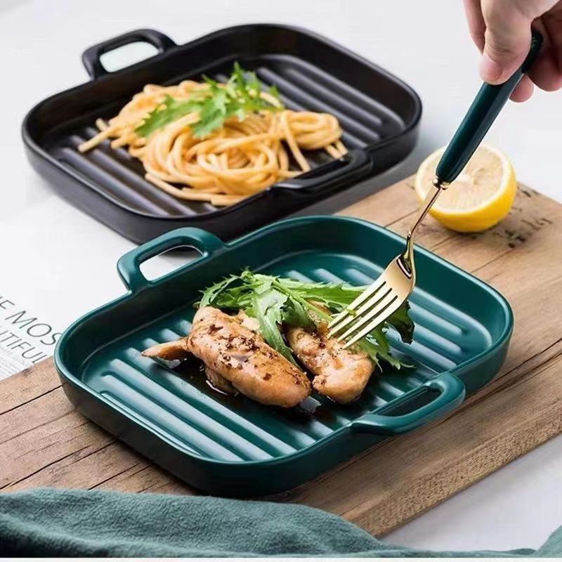 Nordic Style Creative Binaural Ceramic Ovenware Square Oven Baking Dish Household Cheese Baked Rice Plate