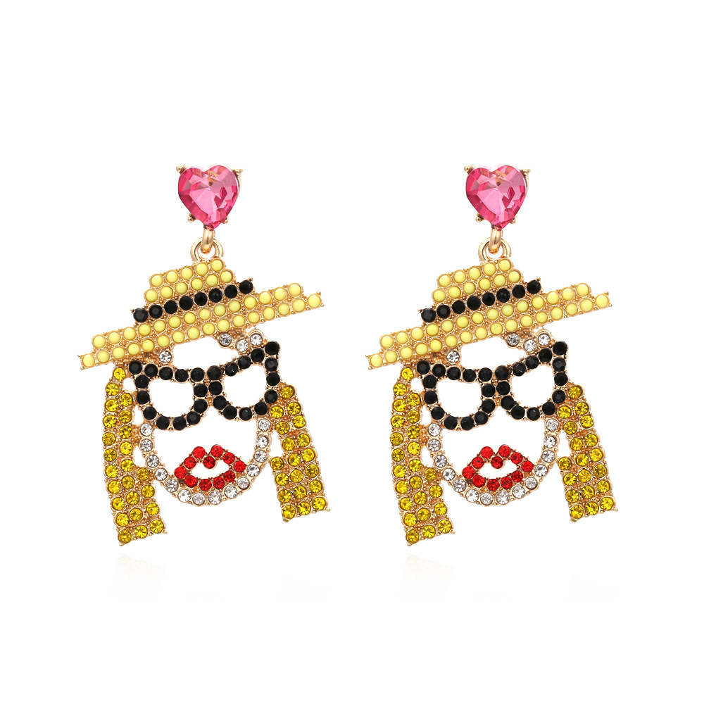 欧美夸张合金镂空镶钻卡通人物头像耳环时尚彩钻耳坠耳饰跨境货源