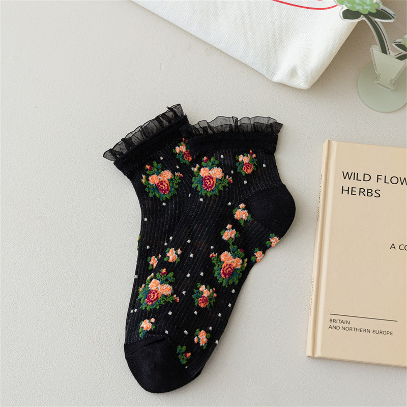 2024 Women's Boat Socks Spring/Summer Kanekalon Thin Breathable Short Socks Japanese Style Lace Lace Small Floral Boat Socks