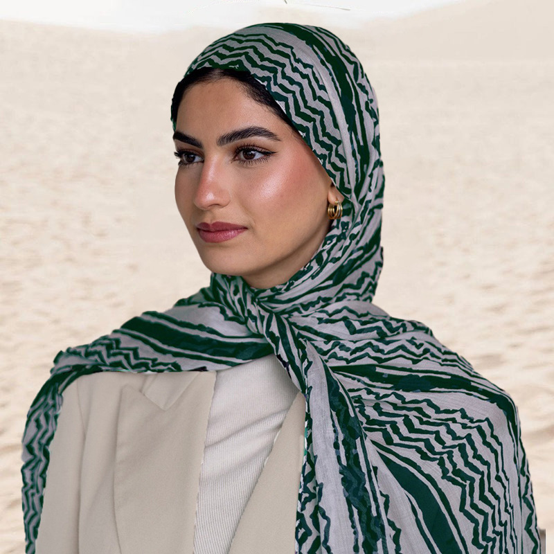 围巾跨境新款丝巾长条高级感阿拉伯雪纺印花格子长巾沙特中东头巾