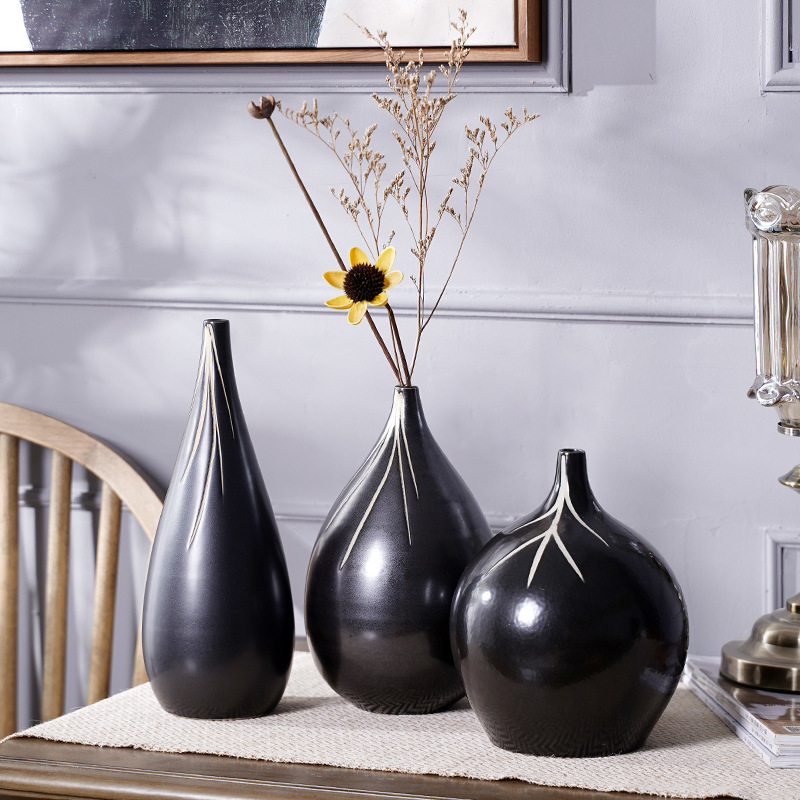 小号手绘陶瓷器3三件套装花瓶 高温花器 组合花插宾馆酒店摆件