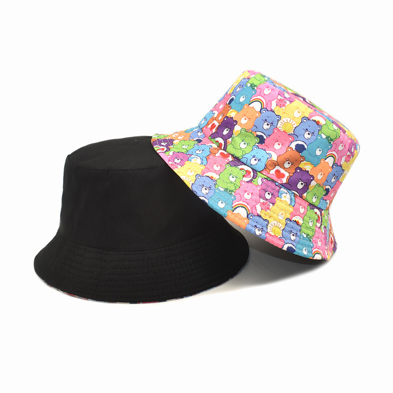 Cartoon Printed Bear Pattern Bucket Hat Couple Sun Protection Double-Sided Wear Bucket Hat Men's and Women's Outdoor Travel Sun Hat