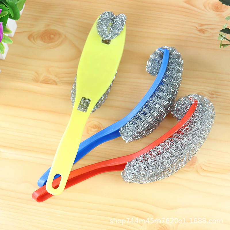 Plastic Handle Wok Brush Cleaning Brush Steel Wire Kitchen Supplies Bent Handlebar Wok Brush One Yuan Department Store Wholesale