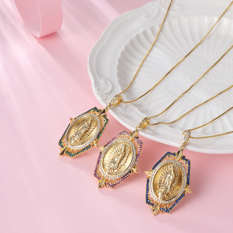 时尚铜镀真金微镶锆石高保色圣母玛利亚吊坠项链 跨境热销货源