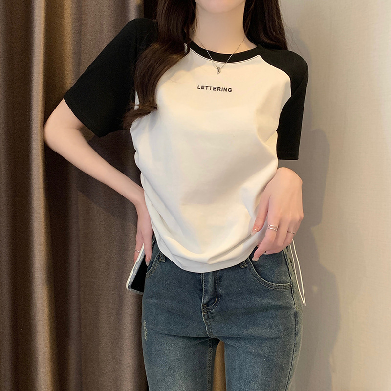 短袖t恤女夏拼接插肩袖短款圆领韩版上衣大码女-阿里巴巴