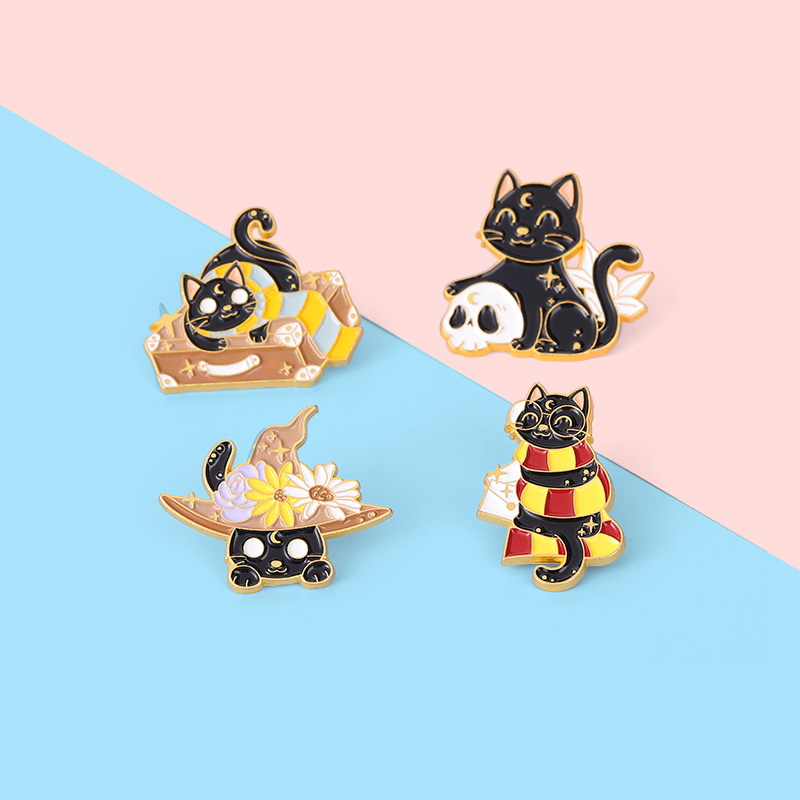 Cute Animal Badge Ornament Entrepreneurship Cartoon Dark Starry Sky Pattern Cat Shape Alloy Collar Brooch Wholesale