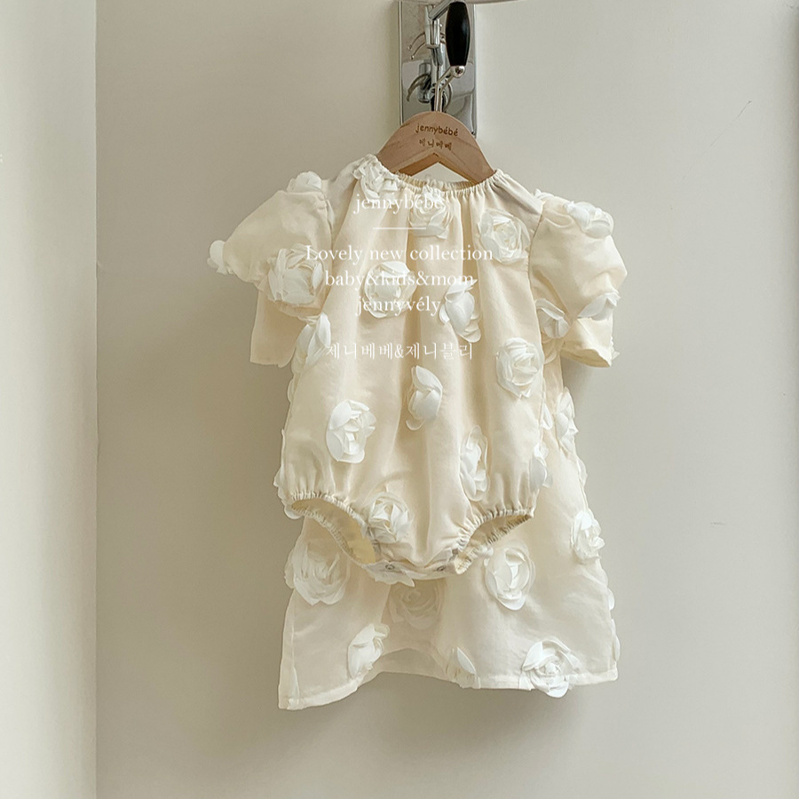 {jennybebe}夏婴童甜美高级立体玫瑰花爬服女宝宝百天周岁连衣裙