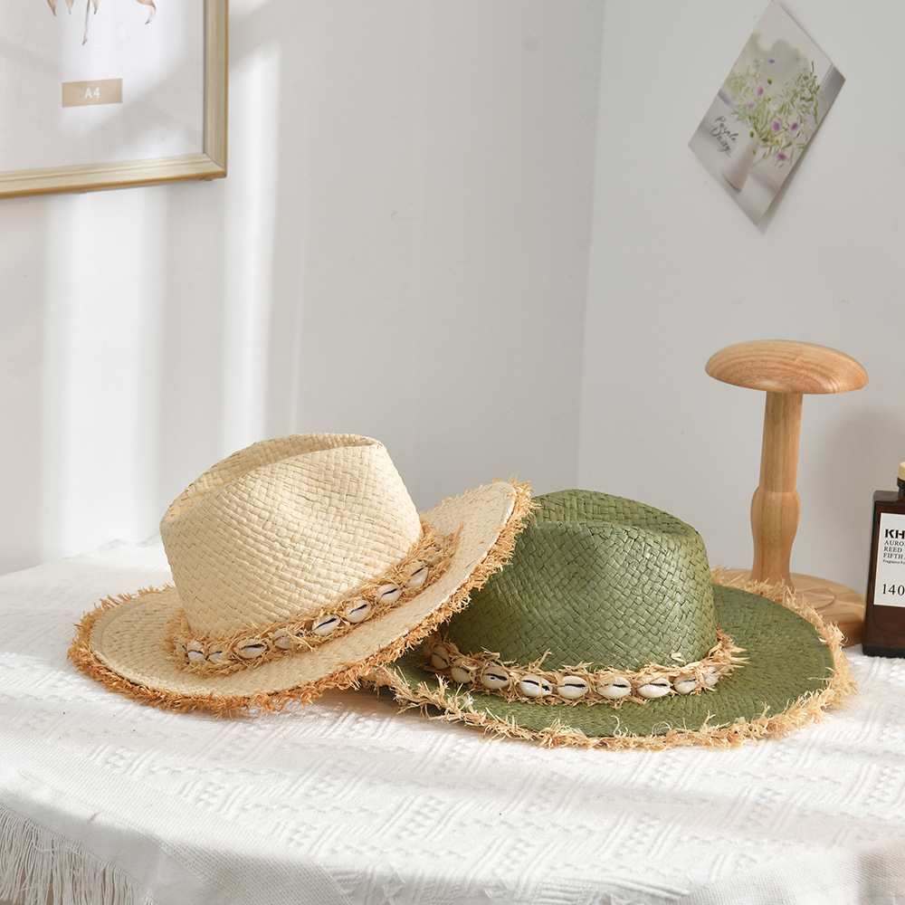 British Socialite Hat Female Sun Hat All-Match Raffia Stitching Edging Summer Beach Vacation Sun Hat Wholesale