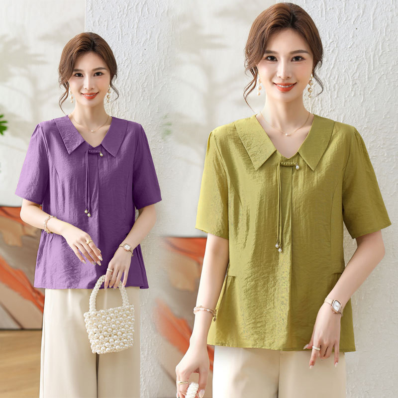妈妈装2024夏装新款洋气短袖翻领t恤中年妇女薄款上衣中老年女装