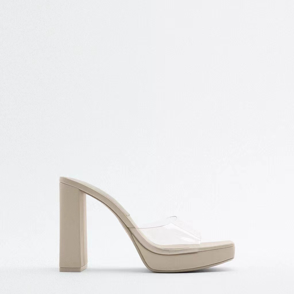 Zar * a 2022 Women's New Shoes for Spring High Heel Platform Square Toe Beige Transparent PVC Fashion Sandals