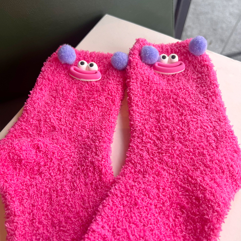 Ugly and Cute Big Eye Sausage Mouth Socks Women's Korean-Style Dopamine Girl Home Tube Socks Coral Fleece Loose Stockings