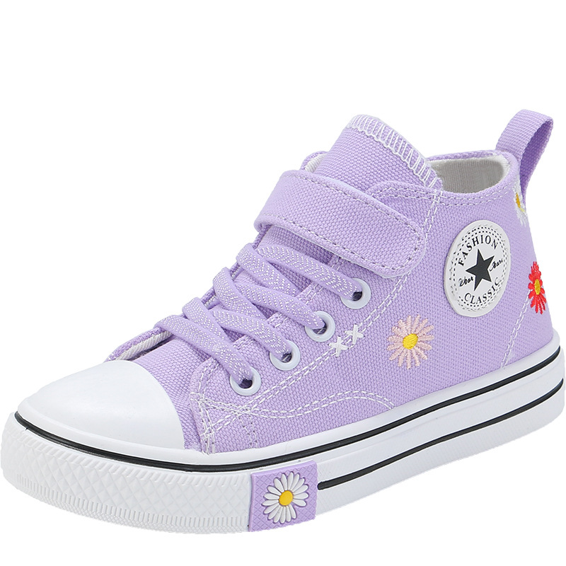 春秋女童高帮帆布鞋小雏菊鞋子韩版女孩鞋子实心软底学生球鞋