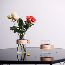 37度原创 创意皮革玻璃花器小号 北欧简约透明玻璃花瓶 创意家居