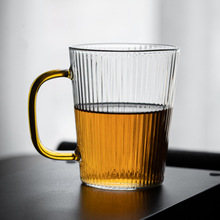 厂家批发竖纹玻璃水杯家用泡茶杯咖啡杯带把网红玻璃条纹牛奶杯