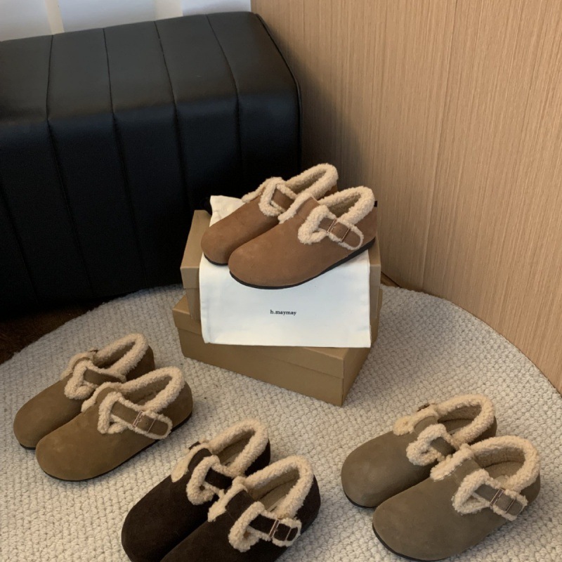 2023年秋冬季新款真皮鞋子女平底保暖雪地复古大头丑萌豆豆鞋女加