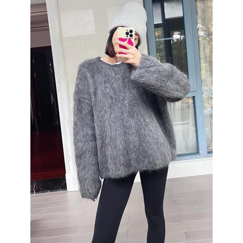 圆领加厚仿貂绒毛衣秋冬女宽松慵懒风套头外穿针织打底衫上衣