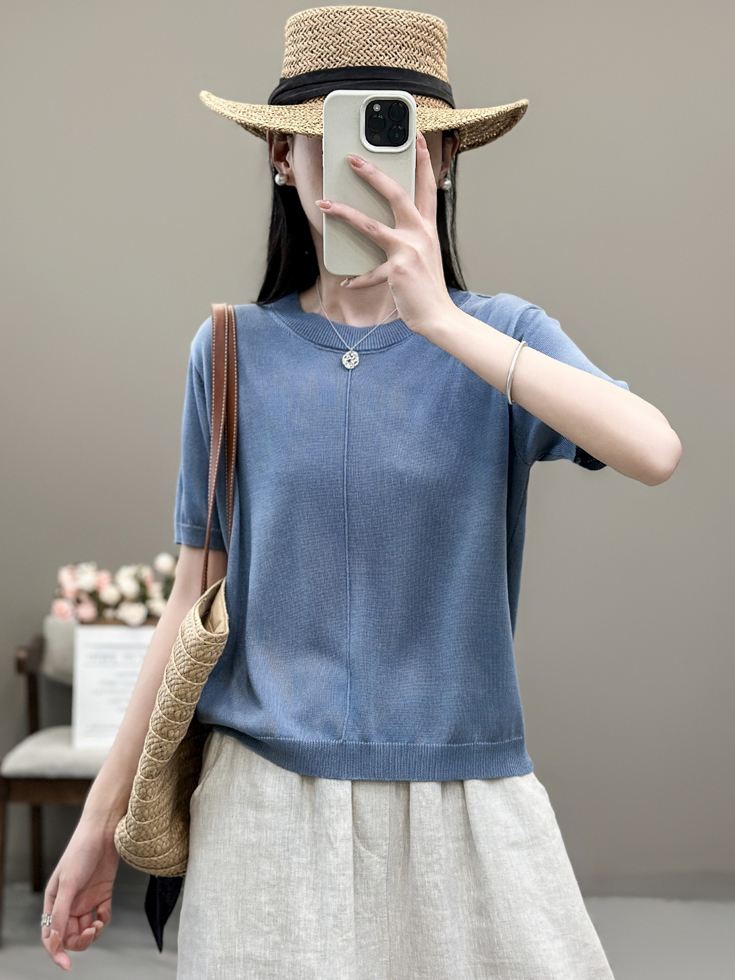 简梦短袖针织衫 2024夏季新款 气质纯色圆领上衣女简约休闲套头衫