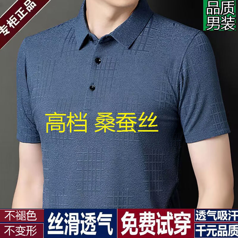 Mulberry Silk Short Sleeve T-shirt Men's Summer Loose Solid Color Polo Shirt Lapel Middle-Aged Business Men's Clothing