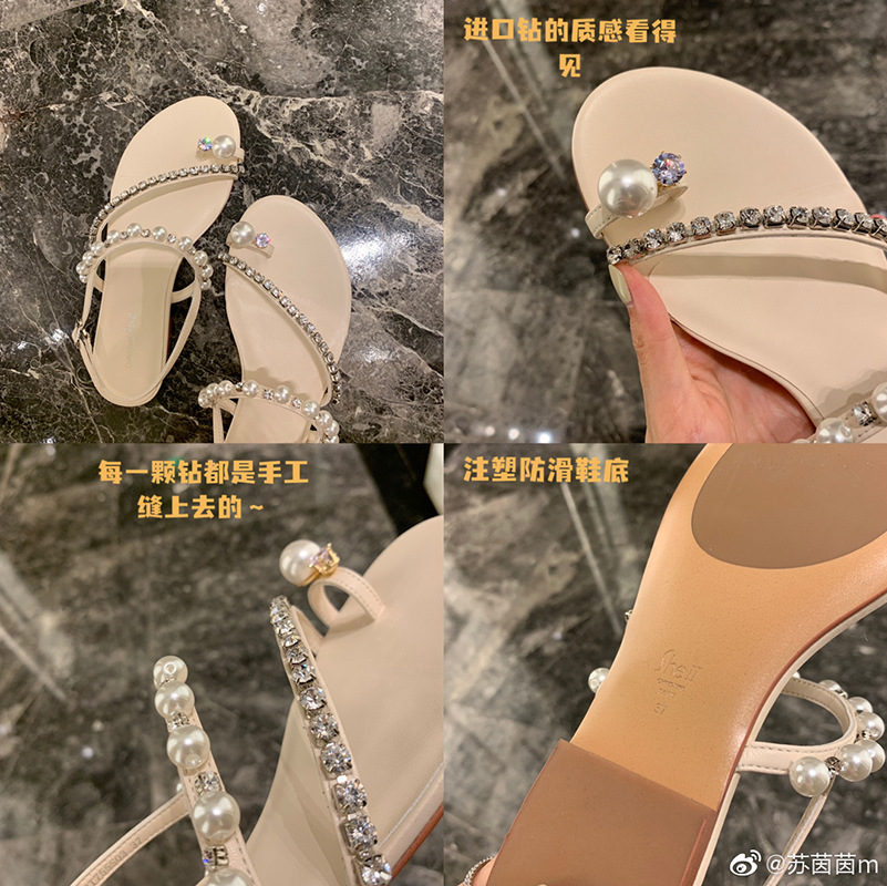 [Sheii Su Cojin] Exquisite Girl ~ Rhinestone Pearl Toe Ring Sandals Flat Bottom 2023 Summer Large Size Women's Shoes